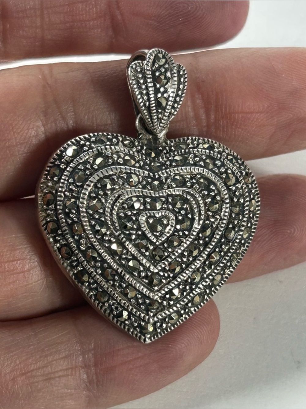925 Sterling Silver Vintage Real Marcasite Heart Oxidized Charm Pendant